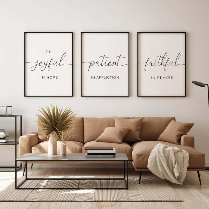 Be Joyful, Patient, Faithful, Romans 12:12 | Trio Set, Christian Wall Art, A3 at XILEF Art