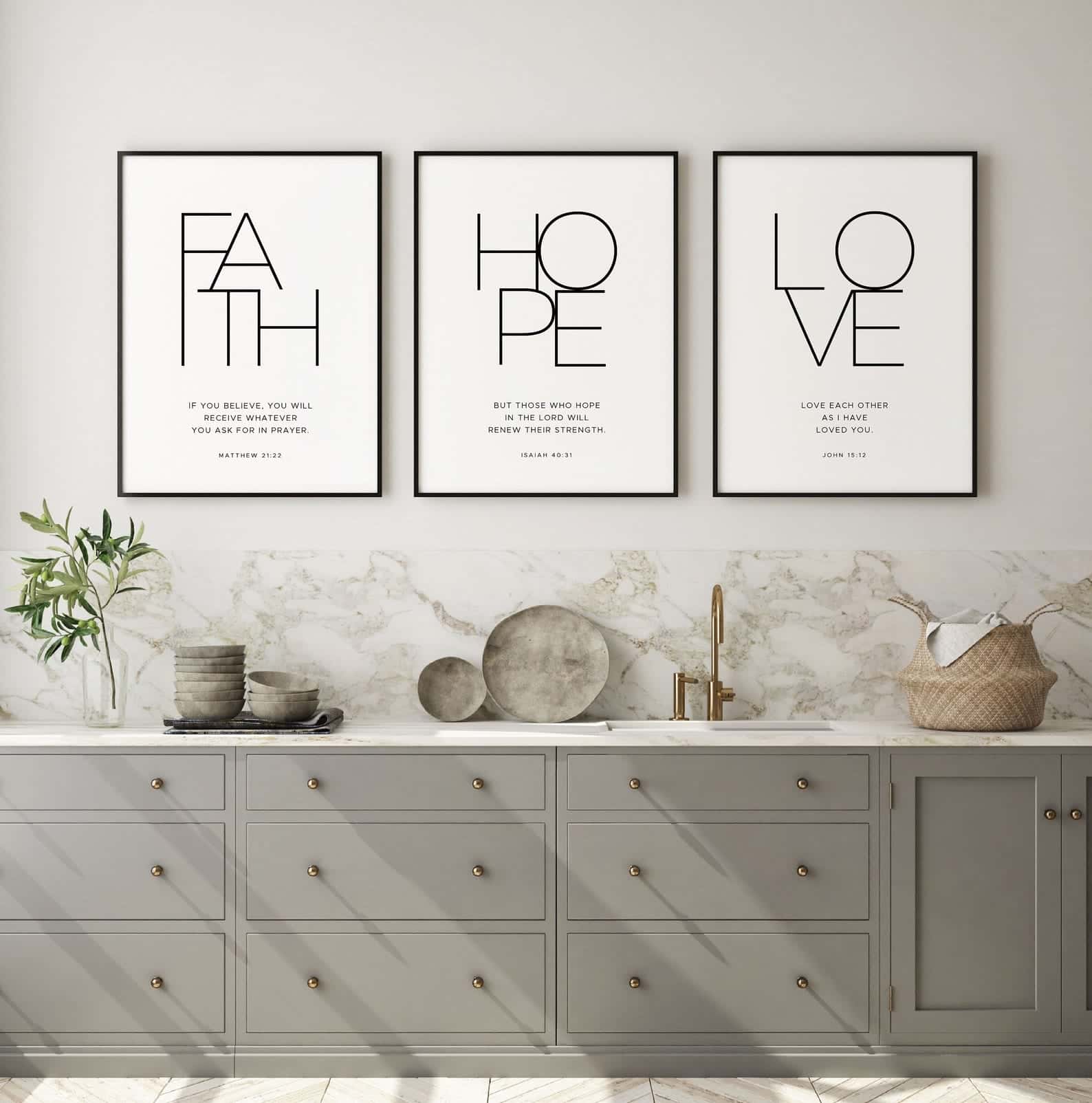 Faith, Hope and Love, 1 Corinthians 13:13 | Trio Set, Christian Wall Art, A3 at XILEF Art