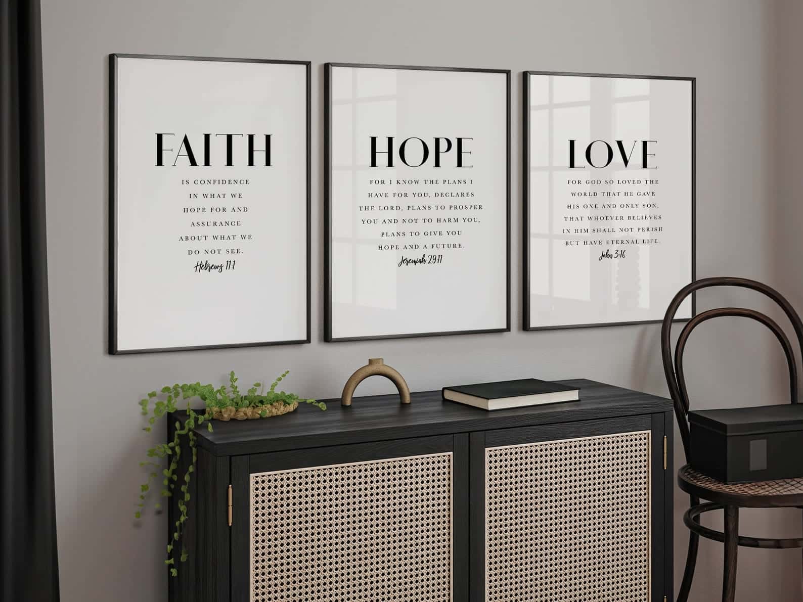 Faith, Hope and Love, 1 Corinthians 13:13 | Trio Set, Christian Wall Art, A2 at XILEF Art