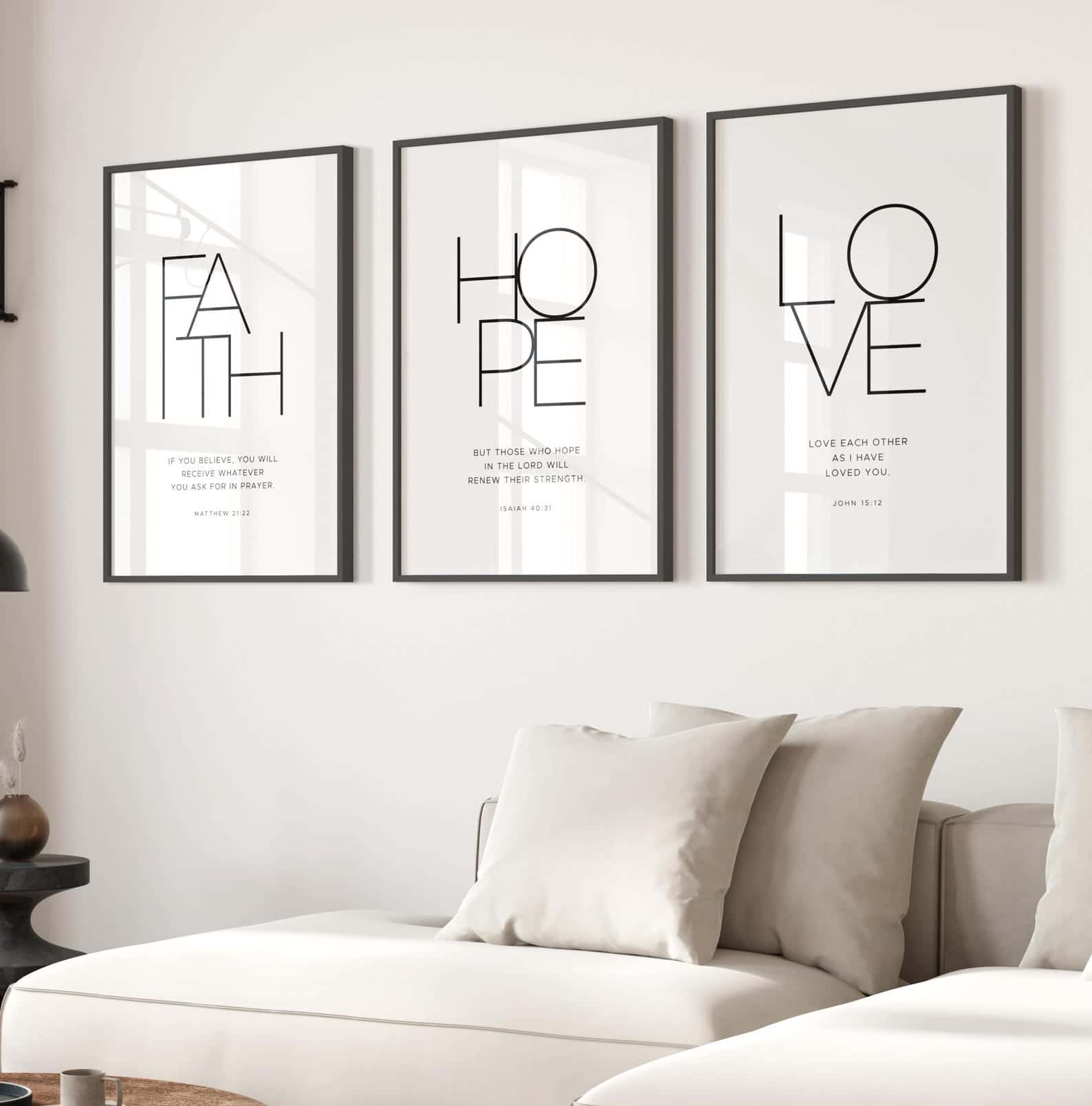 Faith, Hope and Love, 1 Corinthians 13:13 | Trio Set, Christian Wall Art, A3 at XILEF Art
