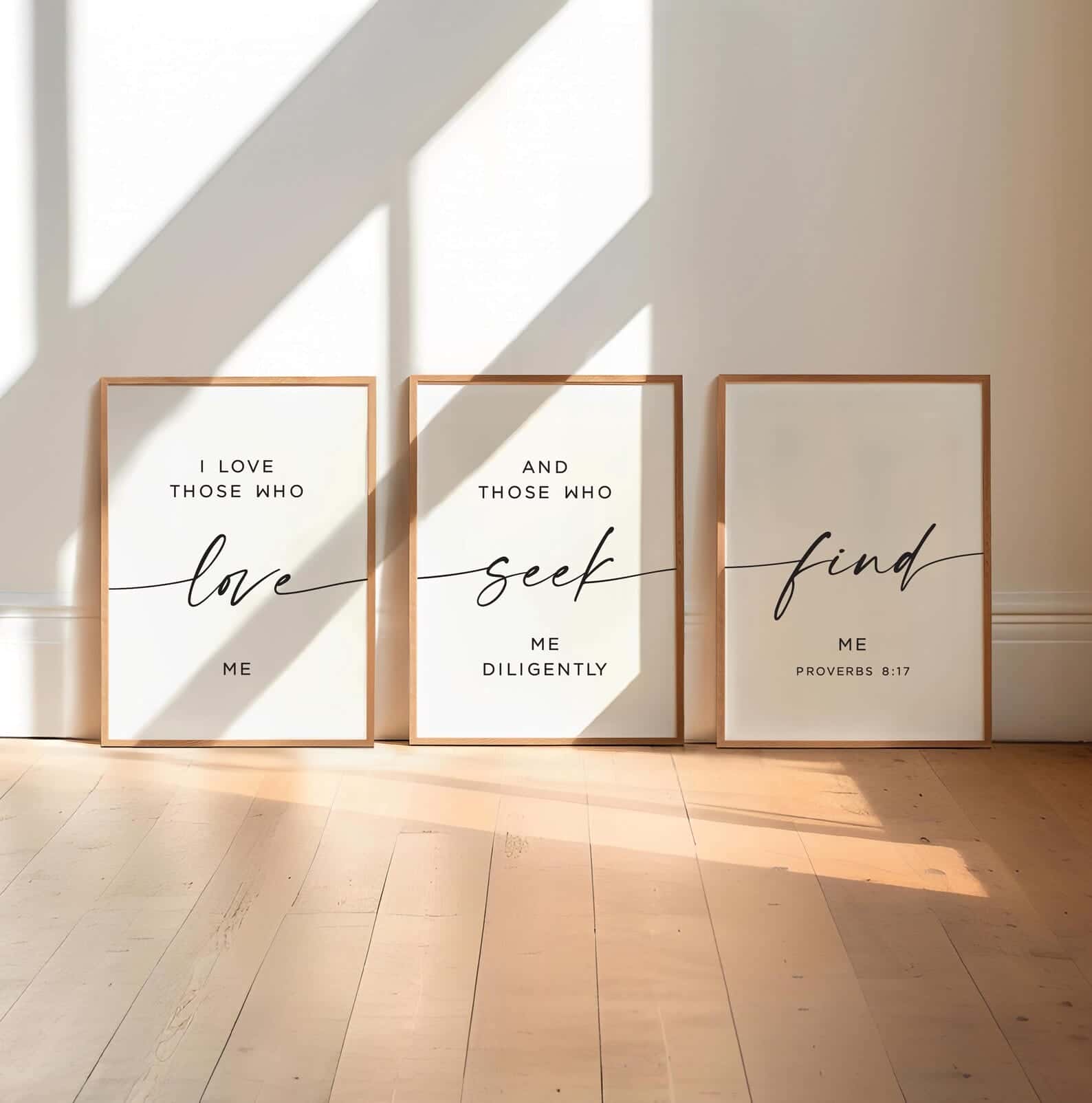 Love, Seek and Find The LORD, Proverbs 8:17 | Trio Set, Christian Wall Art, A3 at XILEF Art