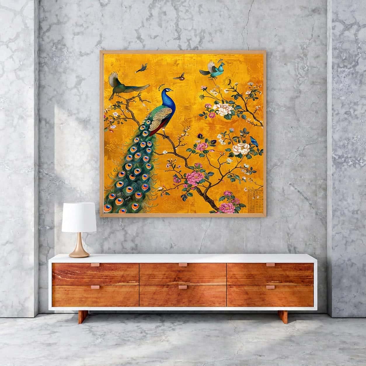 Peacock & Birds on Branch | Wildlife Artwork | Nature Wall Art | A2 at XILEF Art
