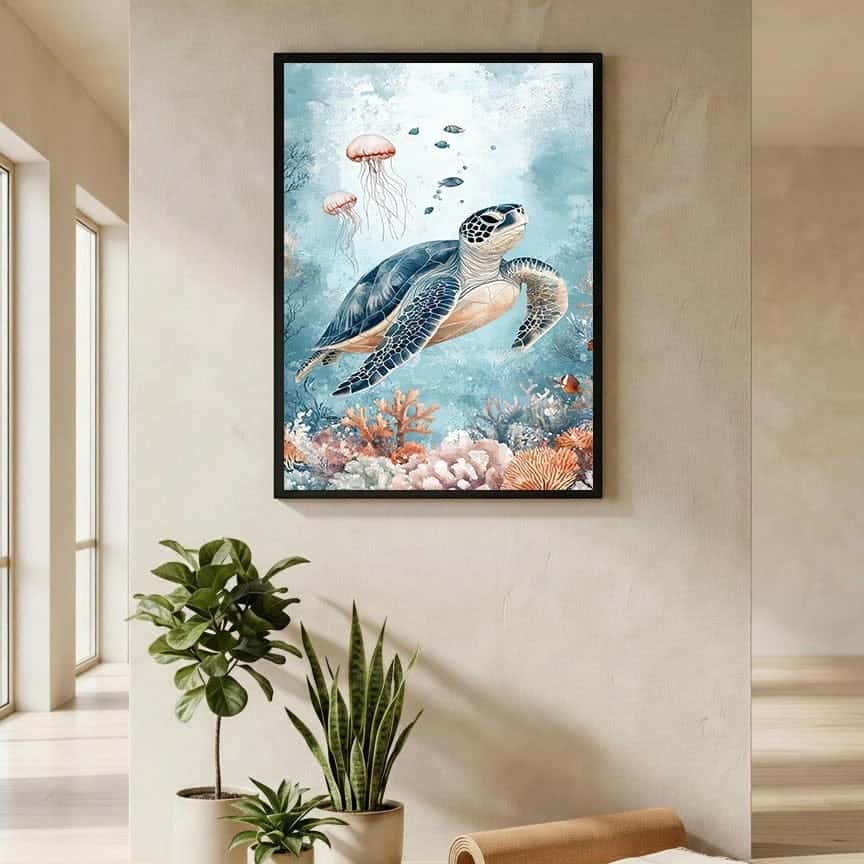 Sea Turtle Jellyfish Coral Reef | Wildlife Artwork | Nature Wall Art | A2 at XILEF Art